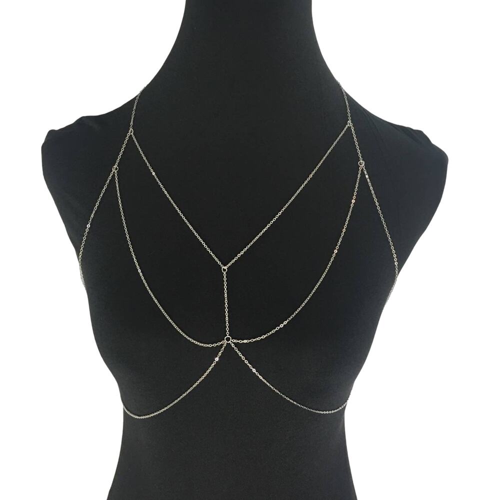 V Neck Body Torso Chain Harness Silver